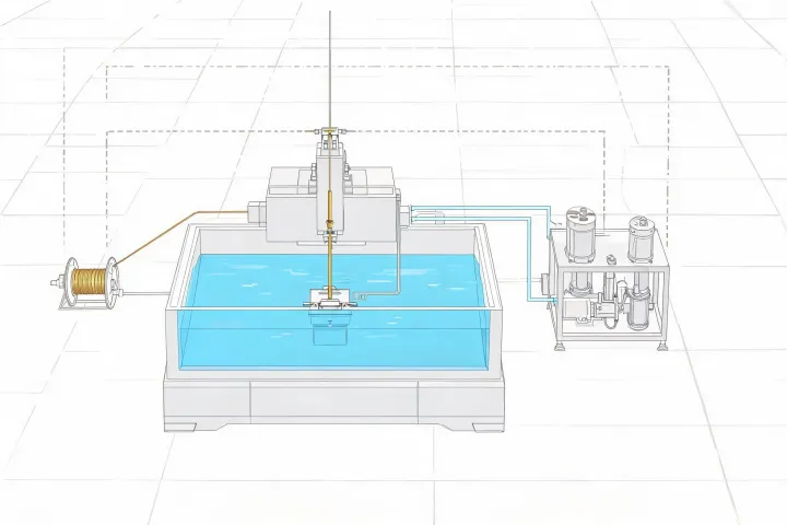 Schematic toolroom layout with wire EDM tank, dielectric skid and crane path, not a published street map