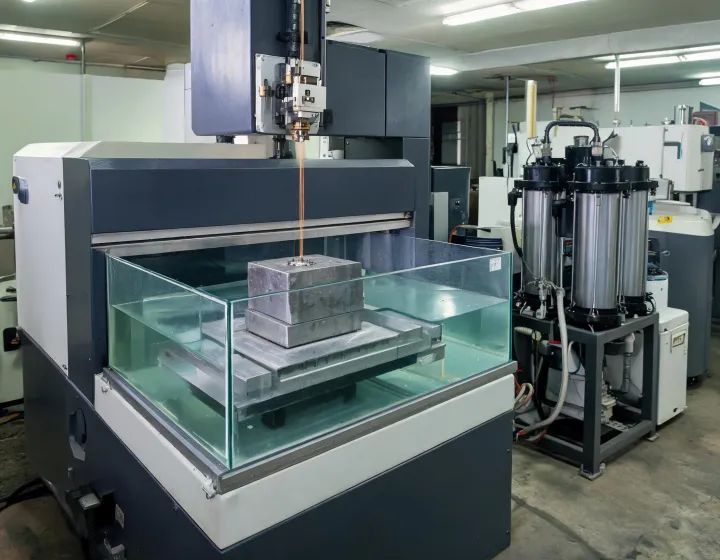 Wire EDM tank with brass wire, workholding and dielectric filtration skid on a toolroom floor